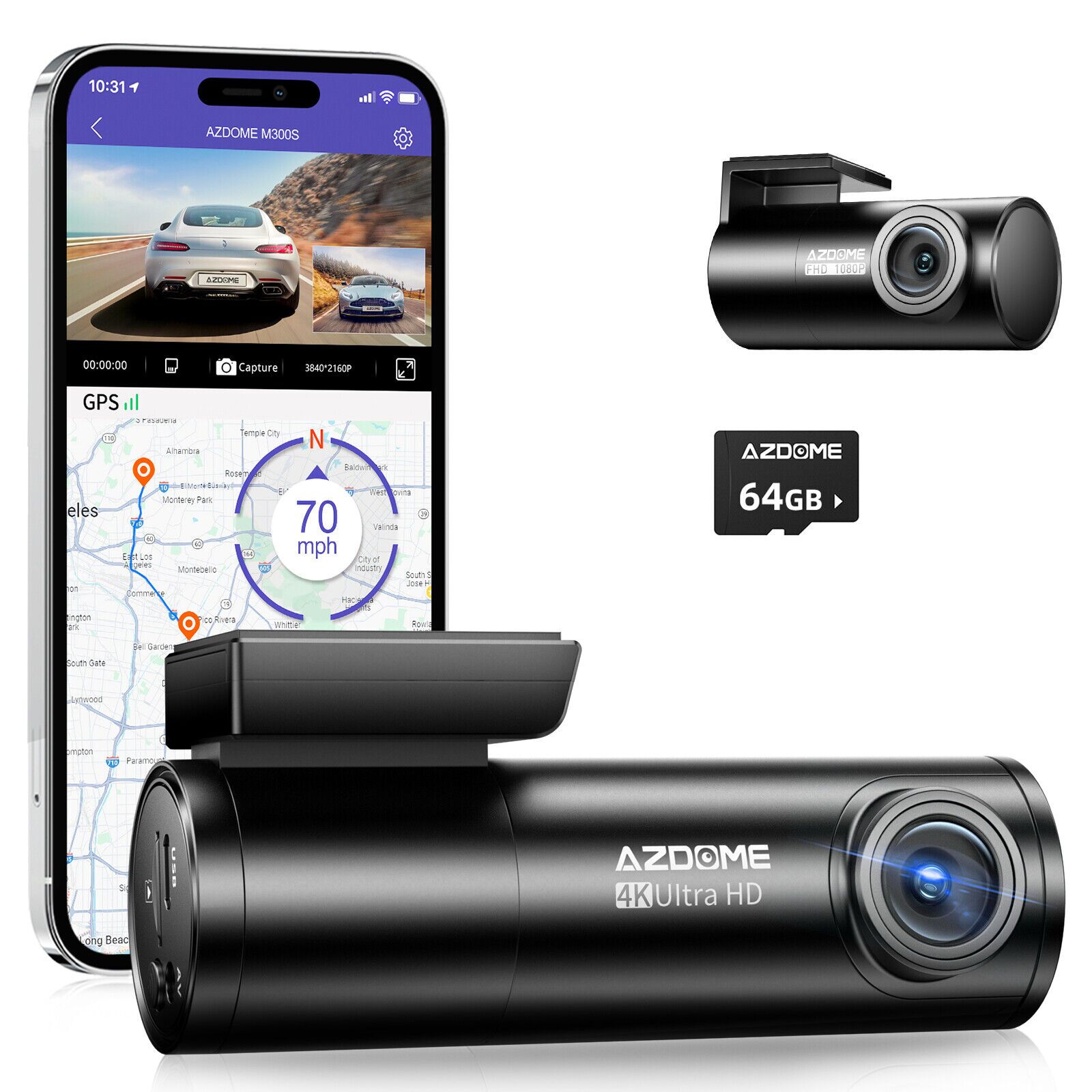 AZDOME WIFI GPS 4K Dual Dash Cam 2160P Front ＆ Rear Car Cameras Night Vision M300S - Image 1