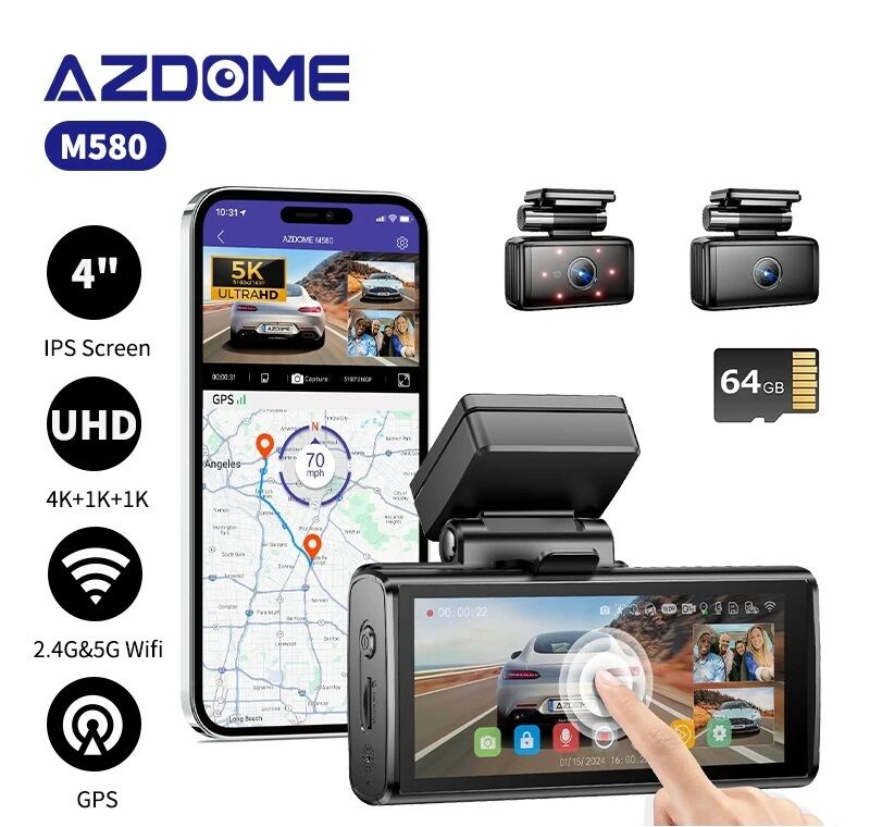 AZDOME 3 Channel Dash Cam M580 Car Camera WiFi GPS 4K+1080P+1080P Front and Rear Inside Dashcam IR Night Vision Driving Recorder - Image 1