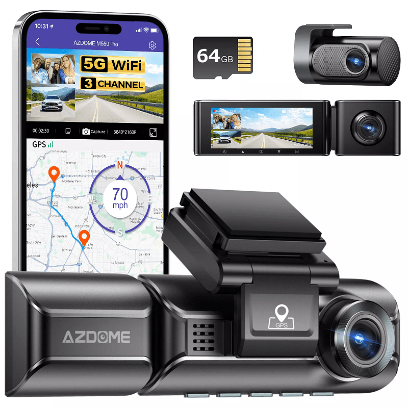 AZDOME M550 Pro Dash Cam 3Channel 5GHz WiFi GPS Dual 4K+1080P Parking Mode3.19"IPS - Image 1