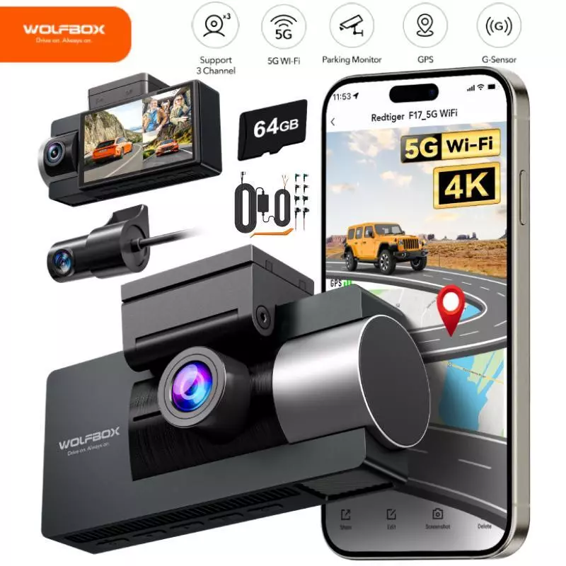 WOLFBOX i17 4K 5G WiFi GPS 3 Channel Dash Cam Front and Rear Inside W/ Hardwire Kit - Image 1